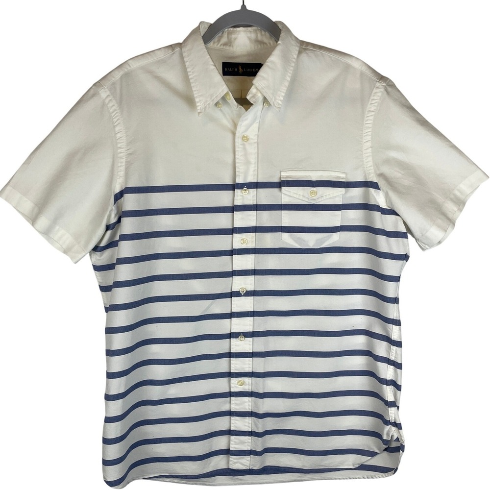 Ralph Lauren Mens‎ Large White Blue Striped Short Sleeve Button Down Shirt L